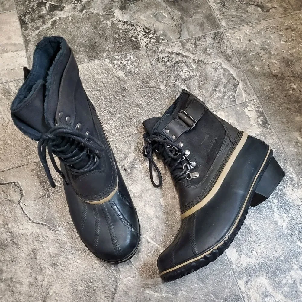 Sorel Fancy Lace II Black Oiled Suede Leather Winter Snow Duck Boots Woman's 9‎
